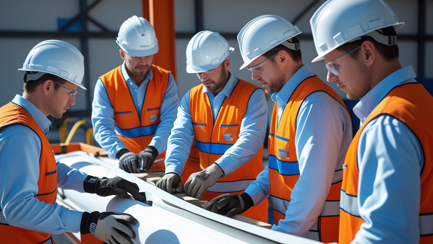 Imagen de Equipo Profesional de ILC con overoles blancos con líneas celestes, azules y naranja, chalecos de seguridad naranja y cascos blancos.
